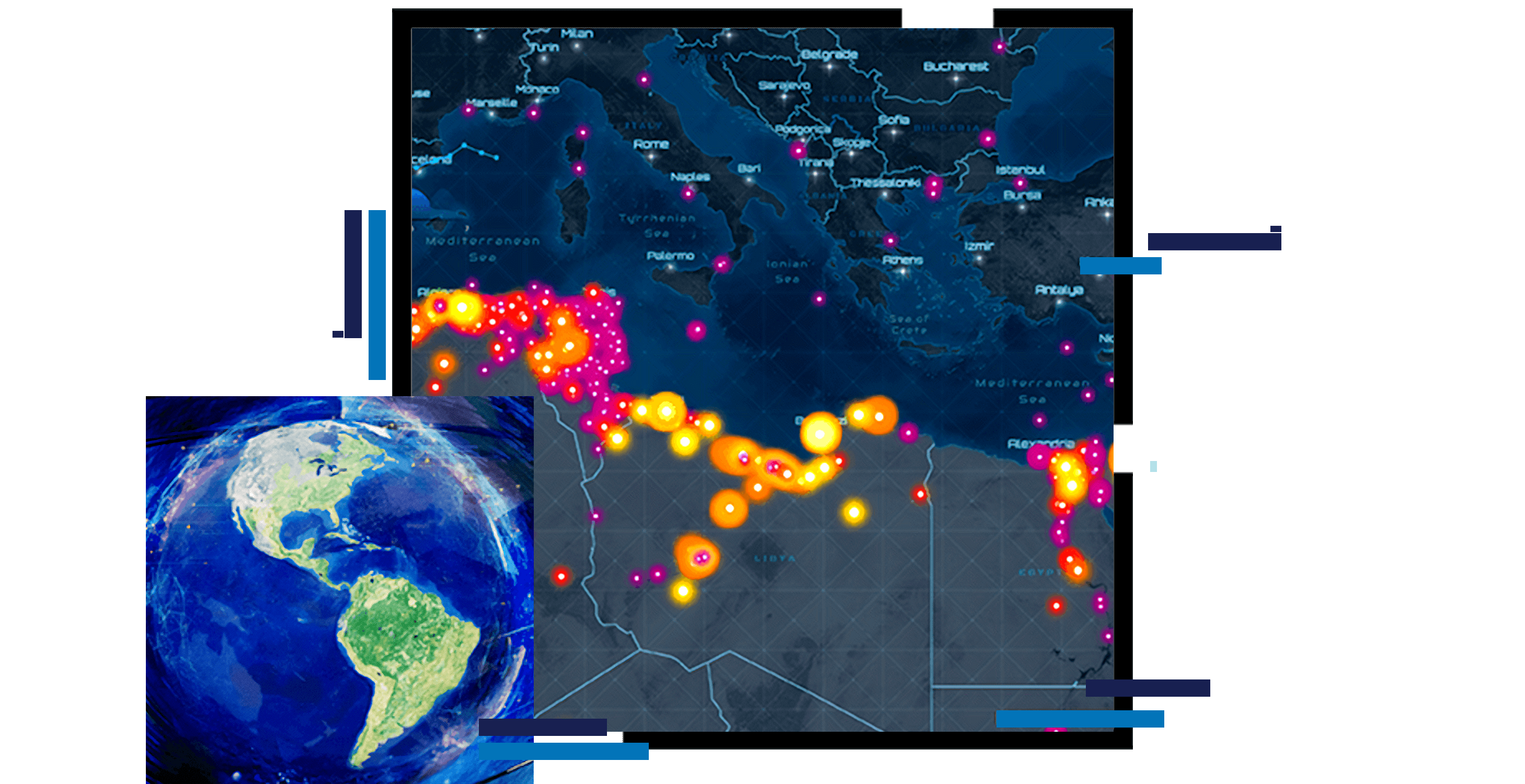 A heat map of a coastal area with points in yellow and pink on a dark blue background, with a graphic of Earth in vivid blue and green
