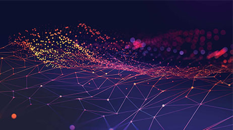 A dark purple graphic with an interconnected 3D dot pattern in yellow, orange, and pink