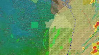 A gridded map in green with weather formations in yellow and red as well as marked lines in red and blue