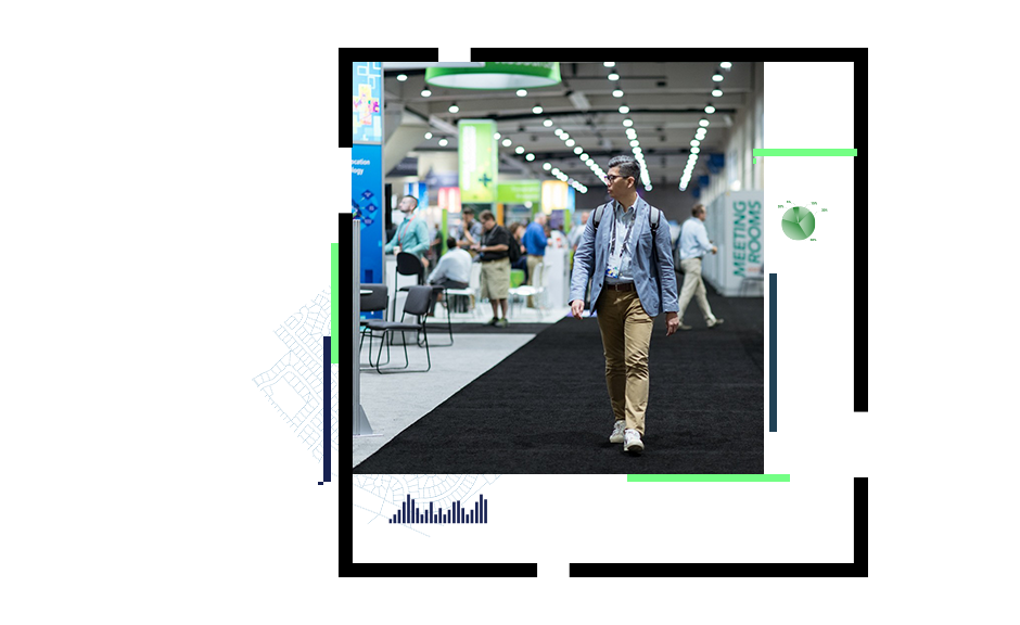 A green image of a person looking at an identification card at an event booth, overlapped with a square image of a person walking at an indoor event