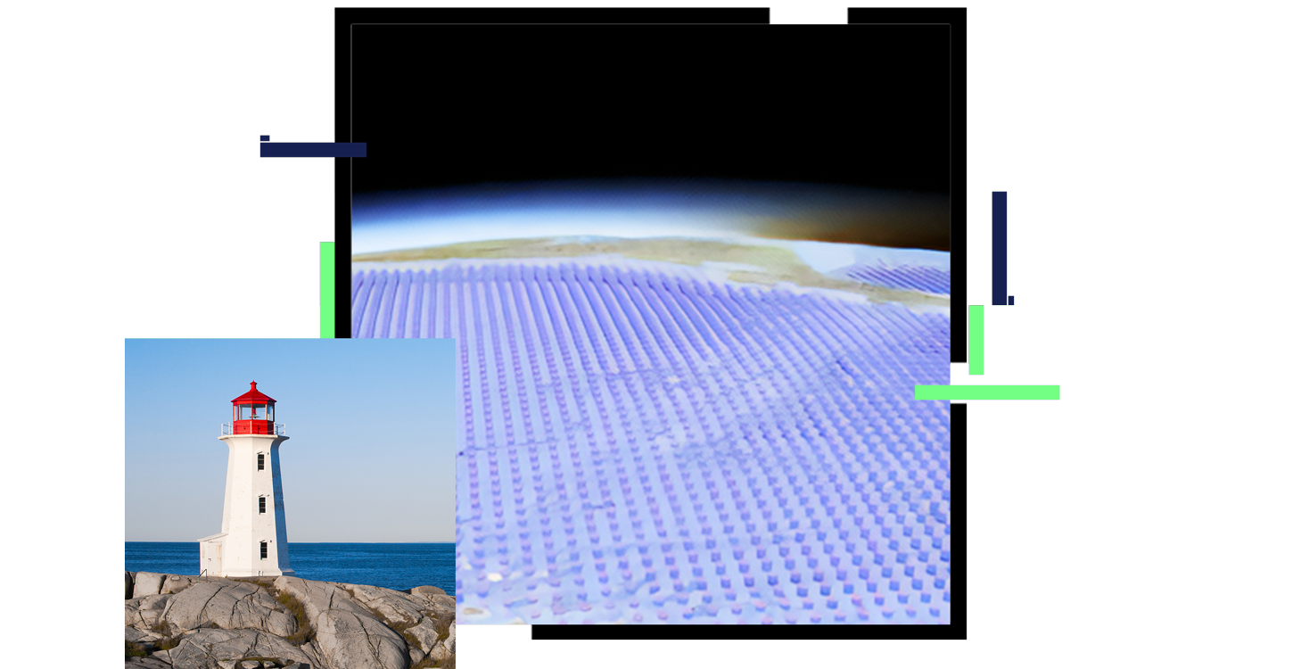 An aerial view of a portion of the earth with rows of small purple dots mapping it, overlapped with a small square photo of a lighthouse