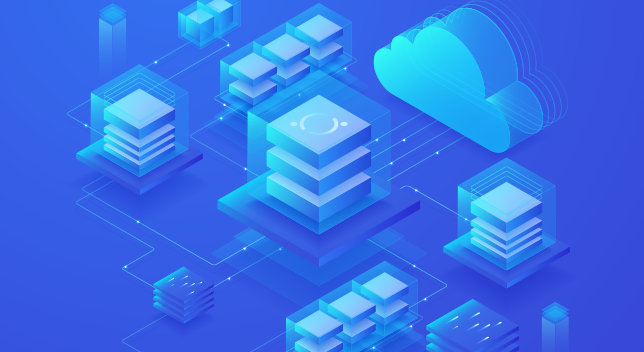 A blue graphic of interconnected 3D cloud and server designs