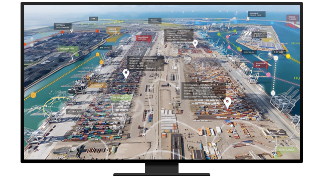 A shipping port overlayed with location icons, markers, and text