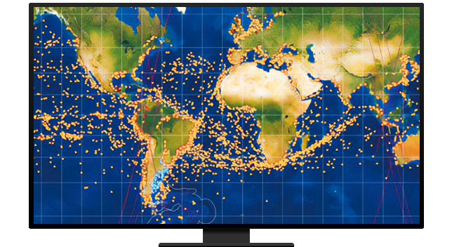 A world map marked with lines and many small yellow dots