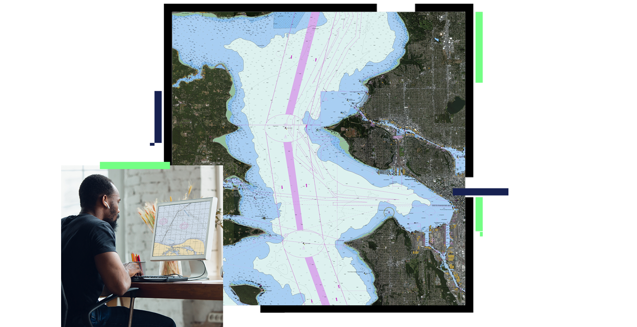 A nautical chart enclosed in a square with a small square image of a person working on a computer overlapping it 