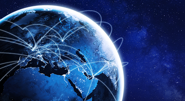 A photorealistic graphic of a blue and black globe with illuminated cities and aircraft routes against a starry night sky