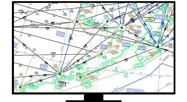 A graphic of a computer monitor displaying a map with sea navigation routes in black and blue on a white background