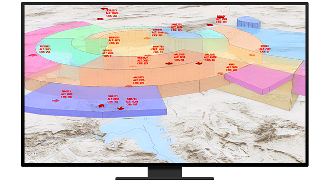 A graphic of a computer monitor displaying sea navigational data in many colors over a beige seafloor contour map