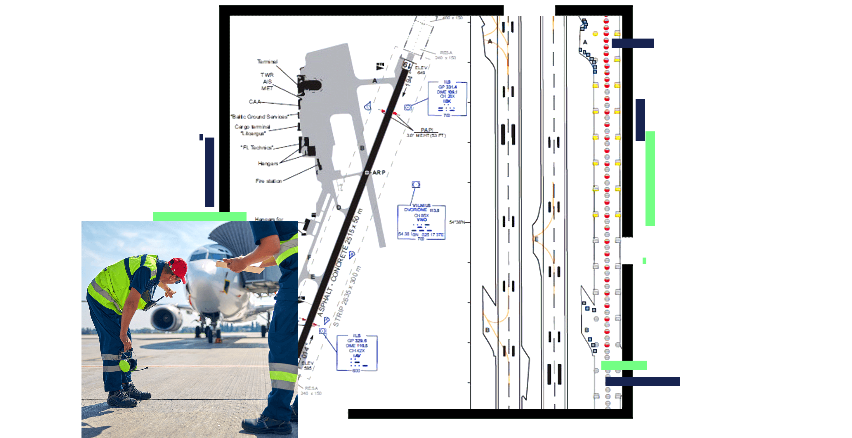 A map of an airport, overlaid with a photo of airport staff in yellow vests and hardhats inspecting an airport runway