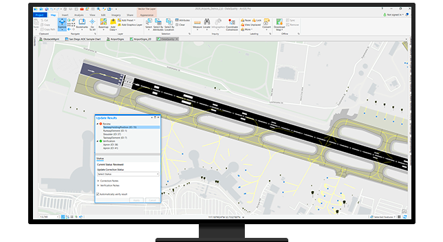 A graphic of a computer monitor displaying an airport runway map and surrounding areas