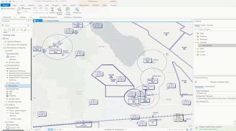 A detailed chart of an airport layout and airline navigational information with analysis options shown on an attached menu