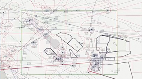 A detailed chart of an airport layout and airline navigational information in simple black lines on a white background