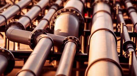 A closeup view of many rows of dull silver pipes warmly lit in orange shades by an unseen sunrise