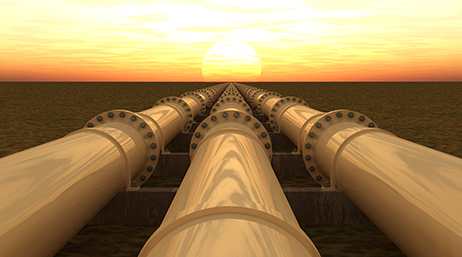 A graphic of three large white pipes leading into the middle distance across a calm dark ocean toward an orange and yellow sunset horizon