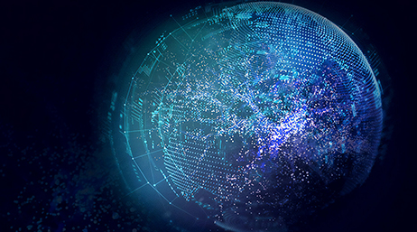 A graphic of a blue-green globe covered in bright violet clusters of light on a black night background
