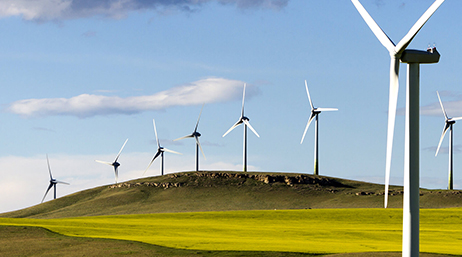 A row of white wind turbines atop a rolling green hill under a light blue sky