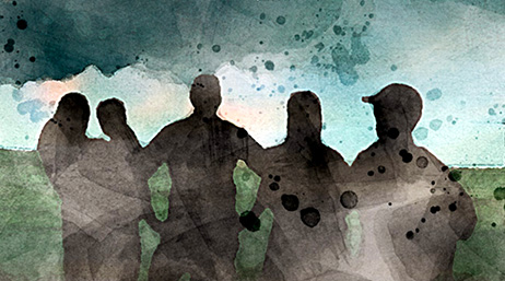 A photo of five people standing side by side silhouetted against a green field and a bright blue sky