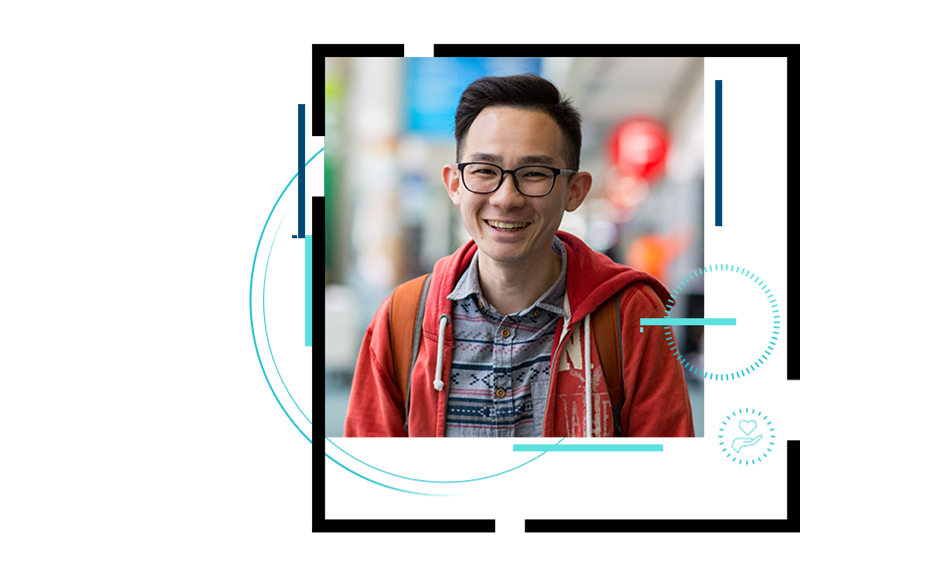 A blue-washed photo of a smiling conference staffer helping an attendee at the registration desk, beside a smaller photo of a smiling casually-dressed person in a backpack with a bright unfocused exhibit hall in the background