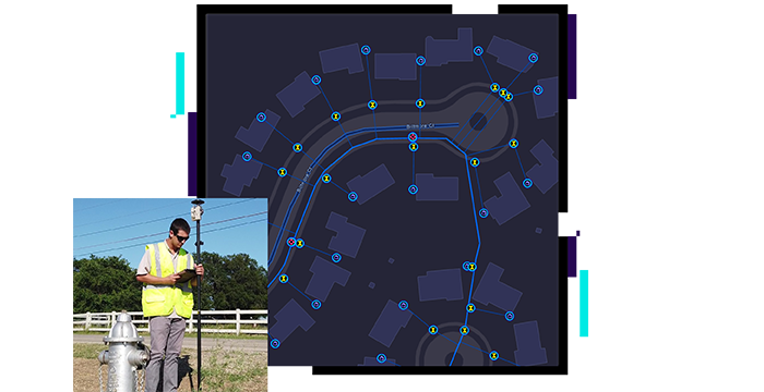 Person in a yellow safety vest standing next to a fire hydrant and a map of water utilities along a street
