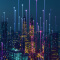 A colorful composite image with a brightly lit cityscape at night under a blue and pink sunset sky overlaid with a flowing grid 