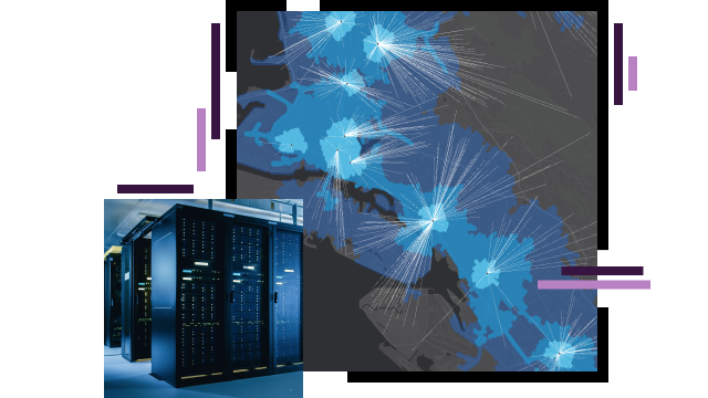 A blue and gray map showing lines radiating from a shared point of origin, overlaid with a photo of computer banks in a dimly lit room
