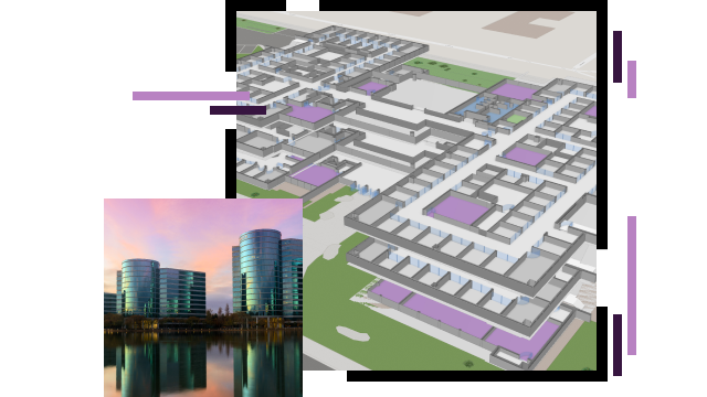 A 3D indoor model of an office complex overlaid with a photo of modern mirrored skyscrapers reflecting a pink and orange sunset sky