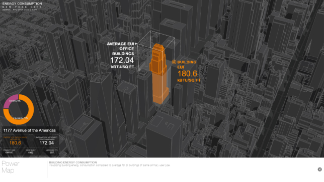 A world map in dark gray and blue witA 3D model of a city filled with dark gray skyscrapers, with one proposed skyscraper fitted in the center shaded orangeh scattered brightly lit multicolored map points