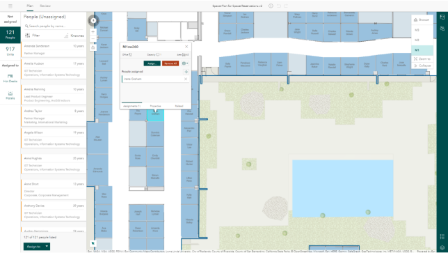 An indoor map of an office building alongside a menu of analysis options