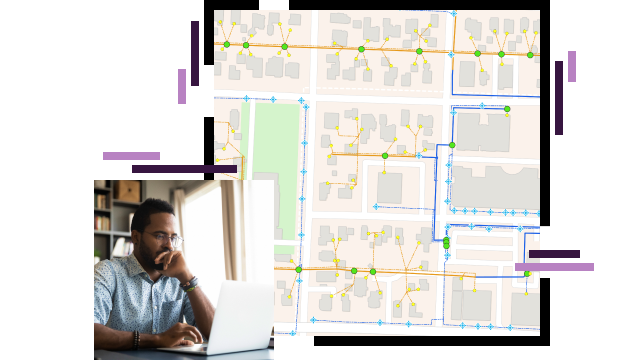 A simple street map with telecom lines shaded blue and yellow, overlaid with a photo of a casually-dressed person with an intent expression using a laptop in a home office 
