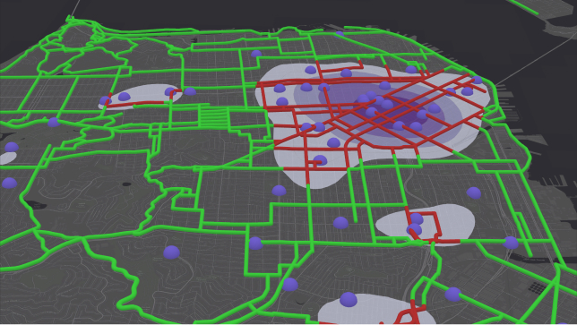 A gray concentration map with streets colored in bright green and red