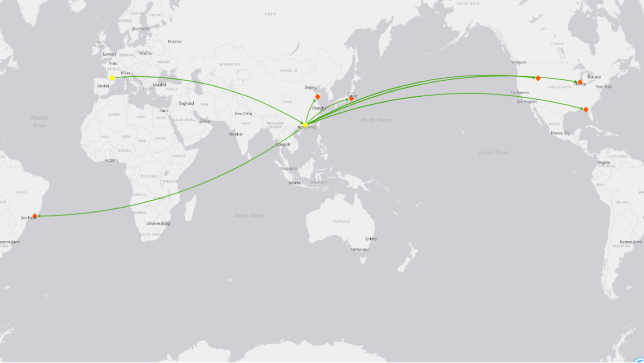 A world map in white and gray with flight routes shown in green