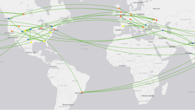 A world map in white and gray with flight routes shown in green
