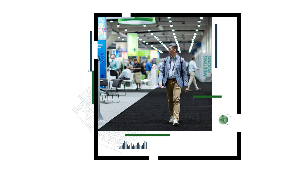 An Esri User Conference attendee walking through the Expo, and two event attendees signing up for usability research at computers