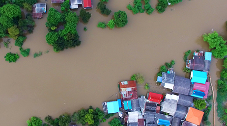An aerial view of homes and trees flooded with muddy water