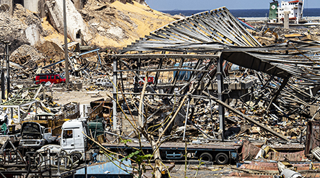 Destroyed structures along a coast