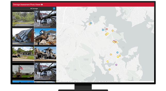 A desktop computer displaying a damage assessment photo viewer and map with the locations of the photos