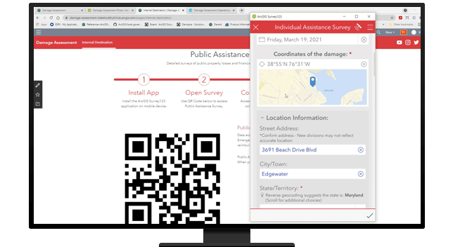 A desktop computer displaying a damage assessment web browser with a QR code and a second browse open with an individual assistance survey