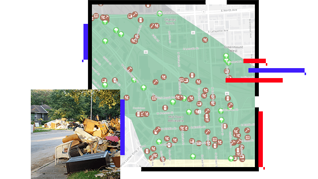 A map showing debris location icons, and a neighborhood sidewalk covered in illegally dumped litter