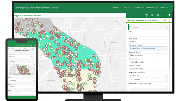 A desktop computer displaying an Emergency Debris Management Center assessment with a map and icons showing the locations of the debris, and a mobile view on a mobile phone