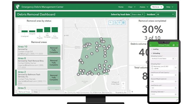 A desktop computer displaying a Debris Removal Dashboard with a map and icons showing the locations of the debris, graphs, percentages of completion, and a mobile view on a mobile phone