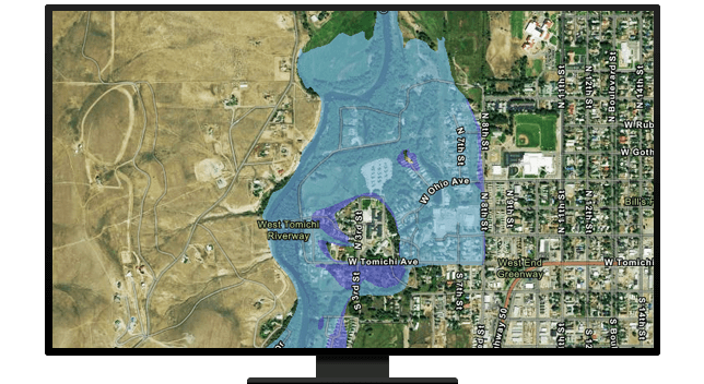 A computer displaying a map that shows an area with a flooded area