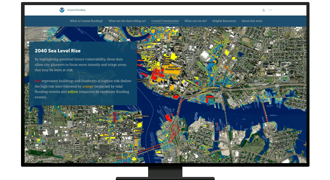 A desktop displaying an aerial view of a map demonstrating sea level rise in a potential vulnerable zone
