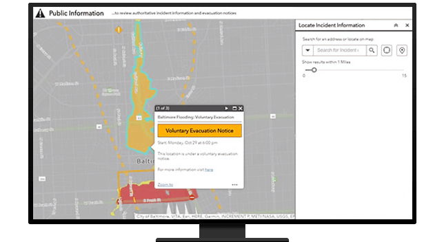 A desktop displaying a web browser with a voluntary evacuation notice highlighted yellow and a red zone underneath.