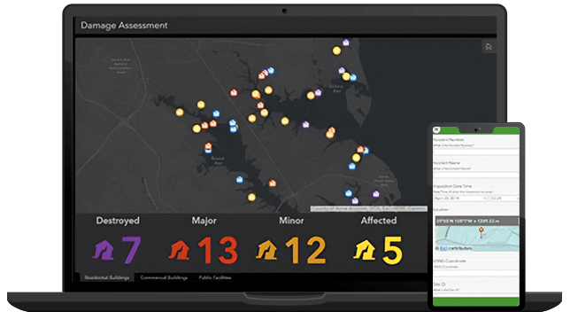 A laptop displaying a damage assessment dashboard and a mobile phone screenshot