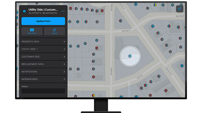 A graphic of a computer monitor displaying a street map alongside an analysis menu