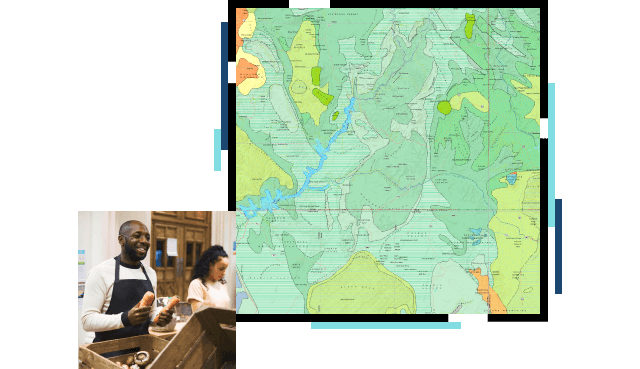 Green and yellow shaded map, and person holding food