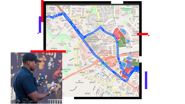 A security officer holding a two-way radio and a mobile phone displaying an ArcGIS map that is enlarged in the background to show safety route