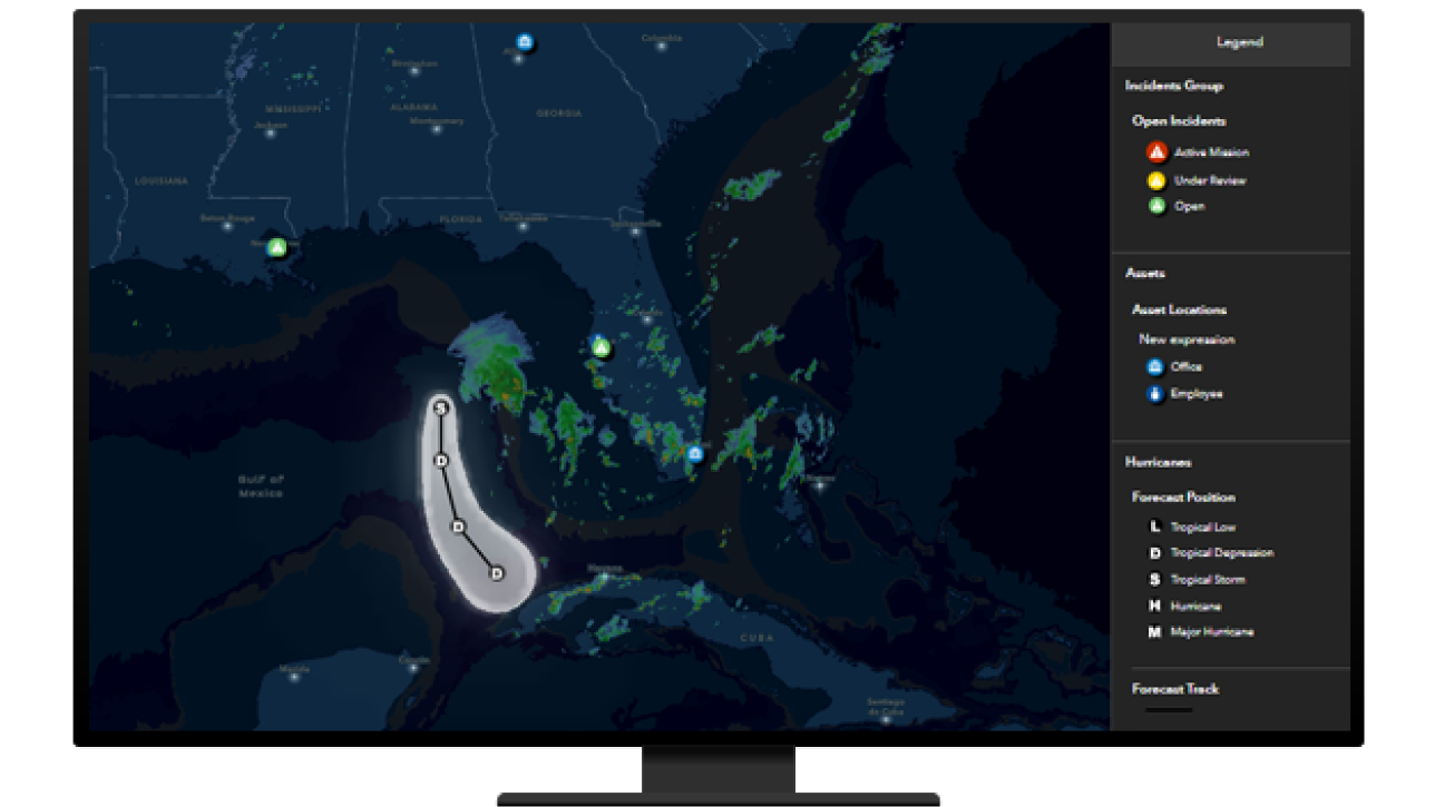 A computer displaying a highlighting an area in the Gulf of Mexico that needs emergency response