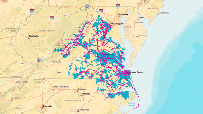 A map of the eastern United States with regions shaded in blue and a complex network of pink lines overlaid with a play button