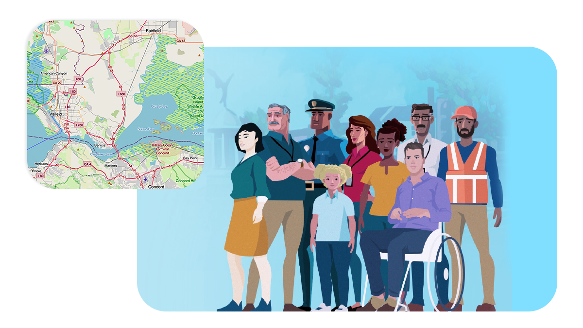 A diverse group of people clustered together overlaid with an image of a map